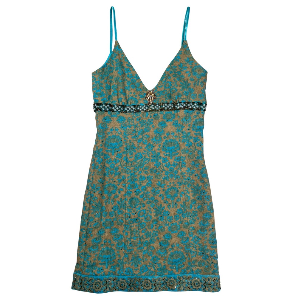 New Plenty Tracy Reese Mini Dress Women 6 Turquoise Beaded Wool Y2K Cocktail NWT